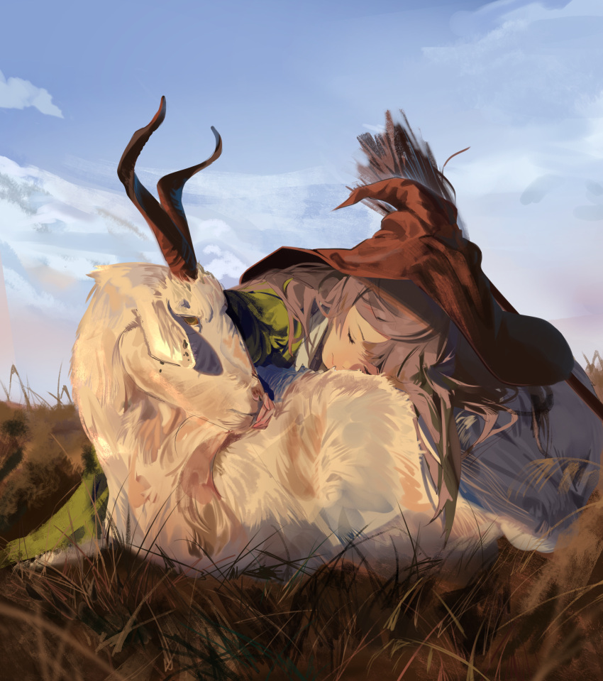 1girl absurdres blue_sky brown_hair closed_eyes closed_mouth clouds commentary day goat grass hat highres jenmin12 long_hair original outdoors red_headwear sky sleeping solo witch_hat