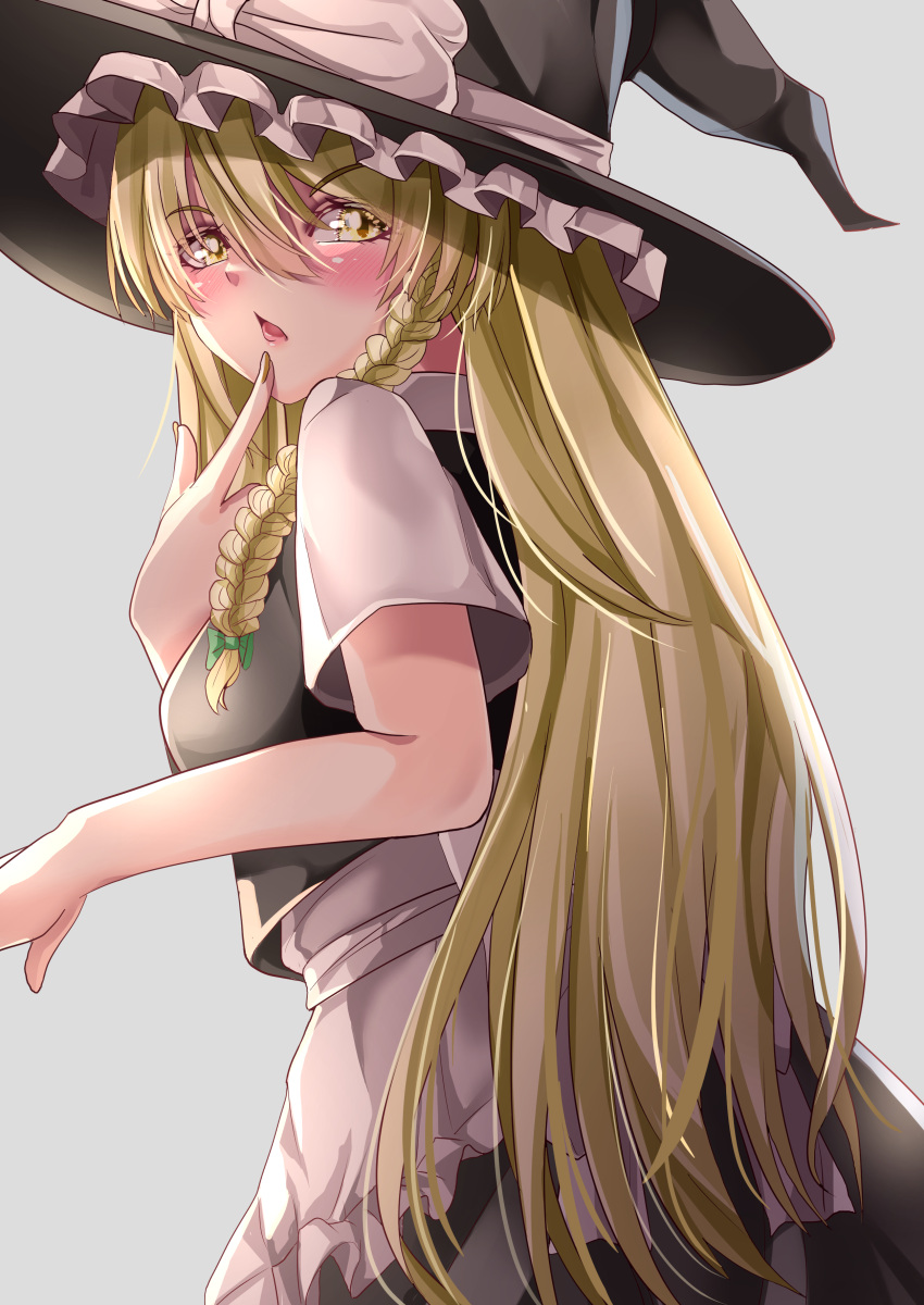 1girl absurdres apron black_headwear black_skirt black_vest blonde_hair blush bow braid breasts brown_nails cowboy_shot eyebrows_visible_through_hair finger_to_mouth frilled_apron frills from_side grey_background hair_between_eyes hat hat_bow highres kirisame_marisa large_hat long_hair looking_at_viewer looking_to_the_side maboroshi_mochi medium_breasts nail_polish open_mouth shirt short_sleeves simple_background single_braid skirt solo touhou very_long_hair vest waist_apron white_apron white_bow white_shirt witch_hat yellow_eyes