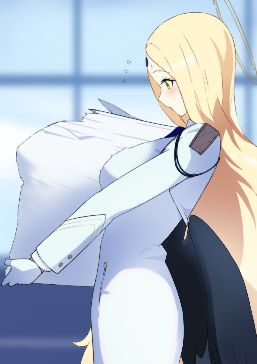 1girl 80kc ayumu_(blue_archive) black_wings blonde_hair blue_archive blush breasts facial_mark flying_sweatdrops forehead_mark from_side gloves green_eyes highres holding holding_paper large_breasts long_hair long_sleeves low_wings paper paper_stack profile solo sweat very_long_hair white_gloves wings