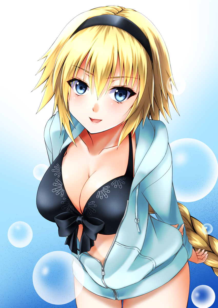 1girl :d absurdres arms_behind_back bangs bikini black_bikini black_hairband blonde_hair blue_background blue_eyes blue_jacket collarbone commentary_request cowboy_shot eyebrows_visible_through_hair fate/grand_order fate_(series) front-tie_bikini front-tie_top gradient gradient_background hair_between_eyes hairband highres jacket jeanne_d'arc_(fate) leaning_forward lens_flare long_hair long_sleeves looking_at_viewer official_alternate_costume open_mouth smile solo standing sumeragi_tomo swimsuit very_long_hair