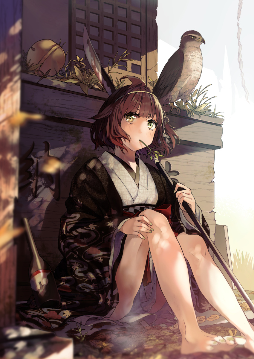 1girl absurdres animal bangs barefoot bell bird blush brown_hair checkered closed_mouth commentary_request eyebrows_visible_through_hair green_eyes highres holding holding_polearm holding_weapon japanese_clothes jingle_bell kimono knees_up legs looking_at_viewer mouth_hold naginata obi open_clothes original polearm revision sash short_hair solo soranagi_yuki stalk_in_mouth v-shaped_eyebrows weapon white_kimono
