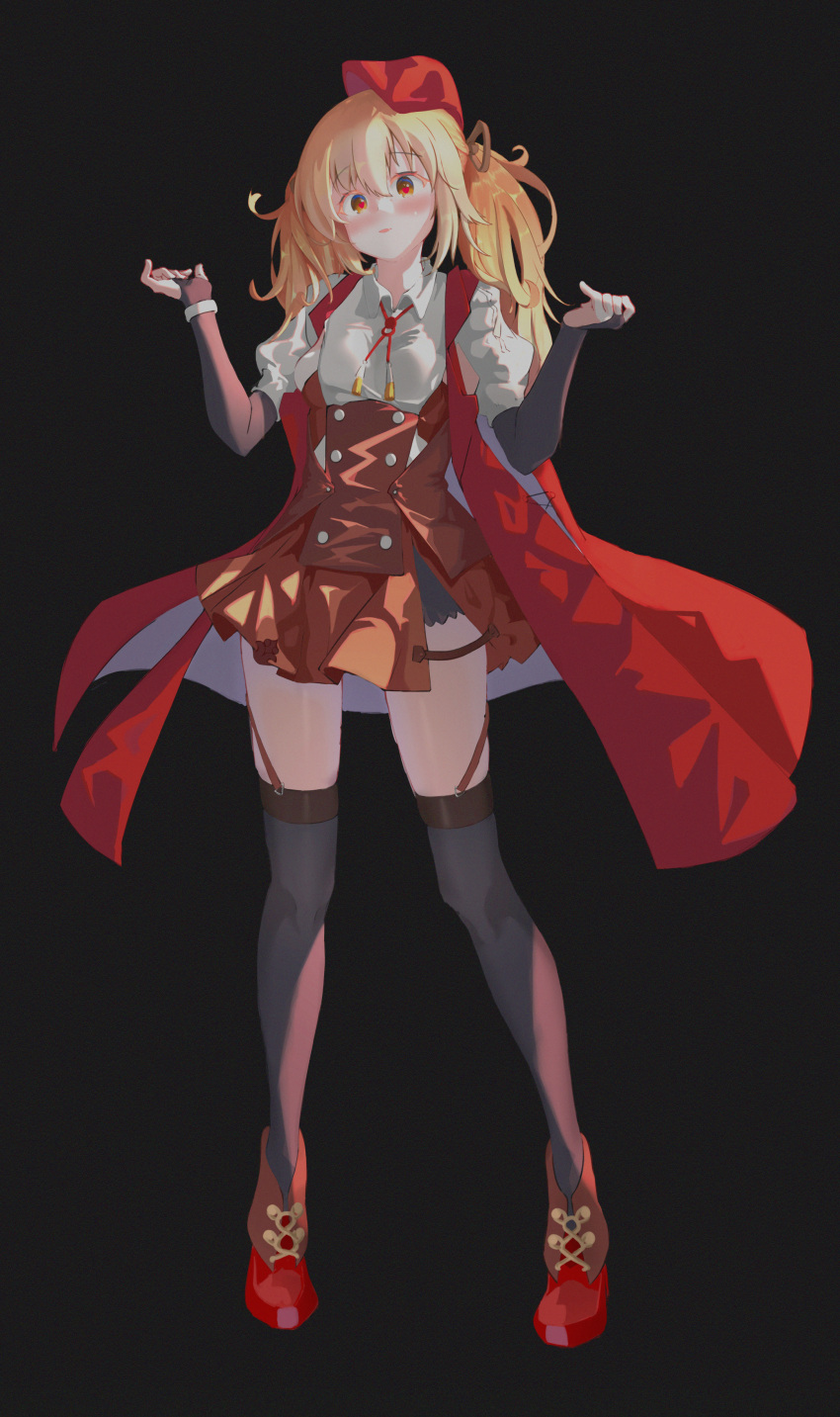 1girl absurdres bangs black_background black_legwear blonde_hair blush brown_skirt chinese_commentary coat collared_shirt commentary_request full_body girls_frontline heart heart_in_eye high-waist_skirt highres juliet_sleeves long_sleeves neck_ribbon parted_lips puffy_sleeves red_coat red_footwear red_headwear red_ribbon ribbon shirt shoes simple_background skirt solo sten_mkii_(girls'_frontline) symbol_in_eye thigh-highs twintails white_shirt xintianou zettai_ryouiki