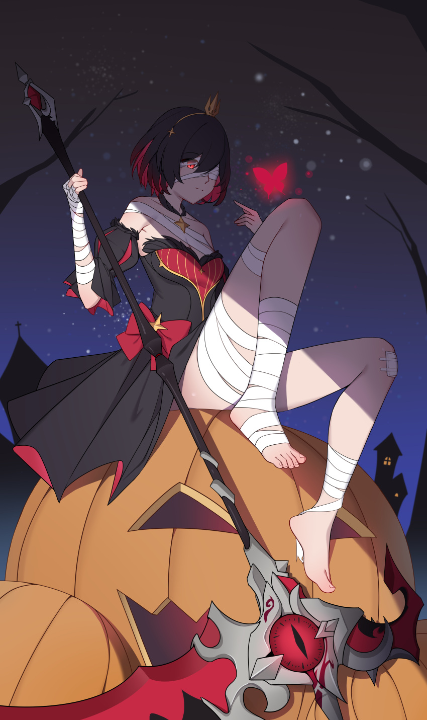 1girl absurdres bandages bare_shoulders barefoot black_dress black_sleeves bug butterfly closed_mouth dress full_body halloween highres holding holding_scythe holding_weapon honkai_(series) honkai_impact_3rd neprbq night night_sky outdoors pumpkin red_butterfly red_eyes redhead scythe seele_(alter_ego) seele_vollerei sitting sky smile solo strapless strapless_dress toes weapon
