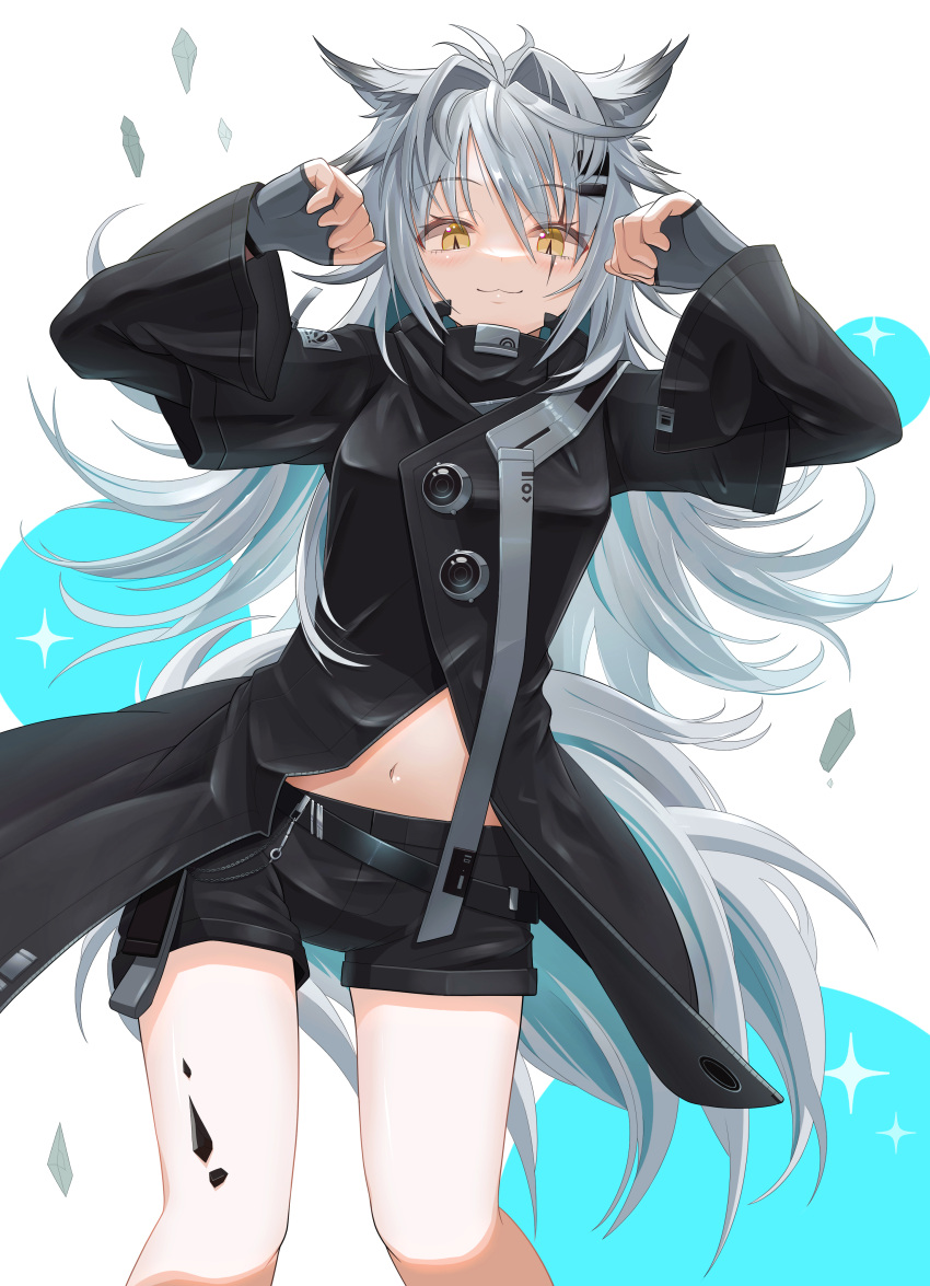 1girl :3 absurdres animal_ears arknights black_coat black_shorts blush breasts closed_mouth coat commentary eyebrows_visible_through_hair feet_out_of_frame fingerless_gloves gloves grey_gloves hair_between_eyes hair_intakes hair_ornament hairclip highres lappland_(arknights) long_hair long_sleeves looking_at_viewer medium_breasts midriff navel oripathy_lesion_(arknights) paw_pose scar scar_across_eye short_shorts shorts silver_hair simple_background slit_pupils smile solo sparkle standing tail thighs white_background wolf_ears wolf_girl wolf_tail yellow_eyes yuu_(yuu_yu)