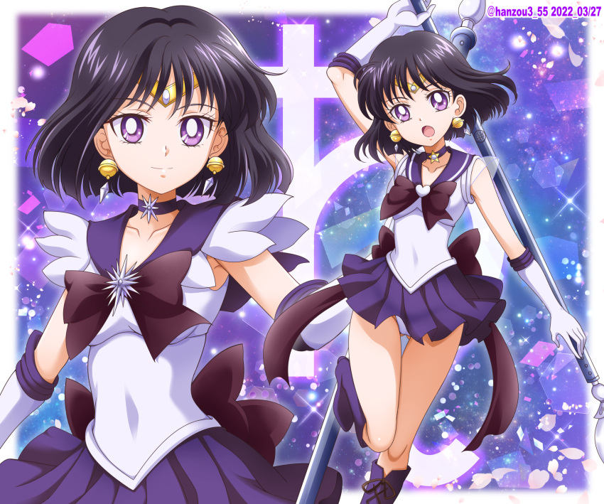 :o ass_visible_through_thighs bishoujo_senshi_sailor_moon black_hair boots bow bowtie choker closed_mouth collarbone diadem earrings elbow_gloves floating_hair gloves hanzou highres holding holding_staff jewelry looking_at_viewer medium_hair miniskirt open_mouth panties pantyshot pleated_skirt purple_bow purple_bowtie purple_choker purple_footwear purple_sailor_collar purple_skirt sailor_collar sailor_saturn sailor_senshi_uniform shiny shiny_hair skirt staff standing standing_on_one_leg super_sailor_saturn thigh_gap underwear violet_eyes white_gloves white_panties