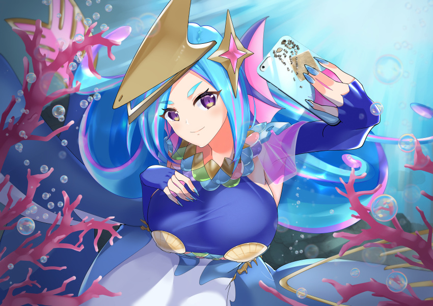 1girl absurdres amabie_(yu-gi-oh!) blue_dress blue_gloves blue_hair blue_nails breasts bubble cellphone coral dress duel_monster elbow_gloves eyebrows_visible_through_hair fingerless_gloves fish_tail gloves hand_on_own_chest head_fins highres large_breasts mermaid monster_girl na_nto nail_polish phone selfie smile tail underwear violet_eyes yu-gi-oh!
