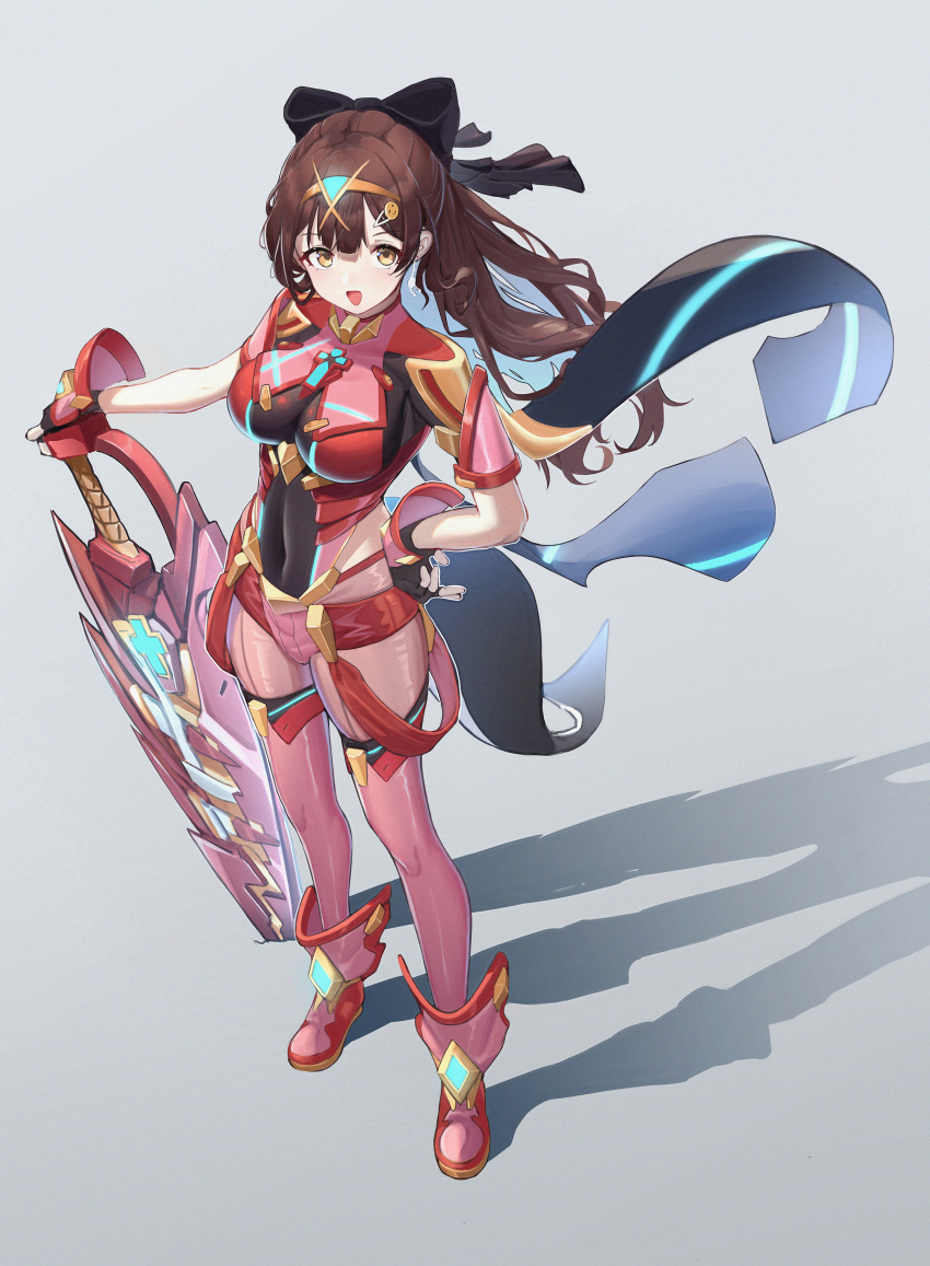1girl absurdres aegis_sword_(xenoblade) bangs black_bow black_gloves bodysuit bow brown_hair cosplay covered_navel fingerless_gloves full_body gloves grey_background hair_bow hairband hand_on_hip highres looking_at_viewer nanami_(virtuareal) nijisanji open_mouth planted planted_sword pyra_(xenoblade) pyra_(xenoblade)_(cosplay) red_shorts shadow shorts simple_background solo standing sword thigh-highs virtuareal weapon xenoblade_chronicles_(series) xintianou yellow_eyes