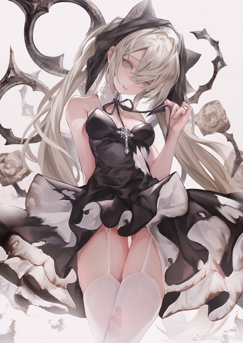 1girl absurdres animal_ear_fluff animal_ears bangs bare_arms bare_shoulders black_dress black_ribbon breasts cat_ears deadprince detached_collar dress garter_straps hair_between_eyes highres holding holding_ribbon light_brown_hair long_hair looking_at_viewer medium_breasts neck_ribbon original parted_lips red_eyes ribbon solo standing strapless strapless_dress thigh-highs twintails very_long_hair white_legwear