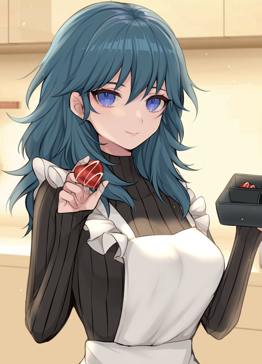 1girl absurdres alternate_costume apron bangs banned_artist black_sweater blue_eyes blue_hair breasts byleth_(fire_emblem) byleth_eisner_(female) commentary_request fire_emblem fire_emblem:_three_houses food hair_between_eyes hands_up highres holding holding_food indoors large_breasts long_hair long_sleeves looking_at_viewer ribbed_sweater shimizu_akina smile solo sweater upper_body white_apron