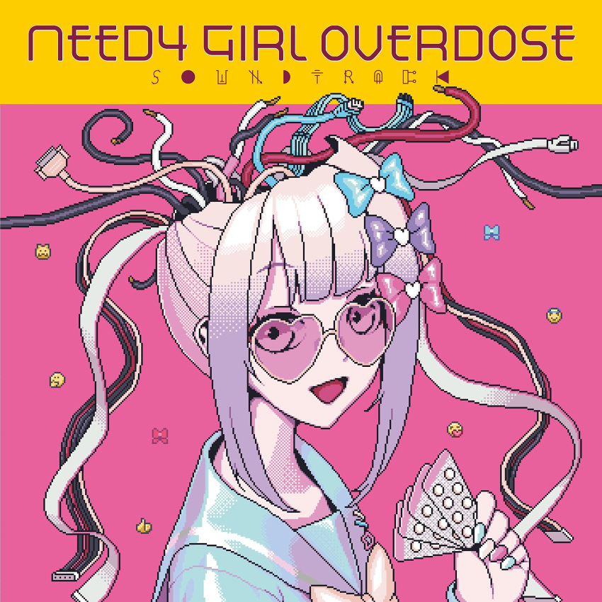 1girl absurdres album_cover bow bowtie cable chouzetsusaikawa_tenshi-chan cover cracked_skin dithering drugs eencya emoji ethernet_cable gradient_hair hair_bow heart heart-shaped_eyewear highres holographic_clothing large_bow long_hair multicolored_hair multicolored_nails multiple_hair_bows needy_girl_overdose official_art open_mouth parody pill pin pixel_art purple_hair sailor_collar sailor_shirt sata_cable shirt sidelocks smile solo upper_body usb white_hair yellow_magic_orchestra