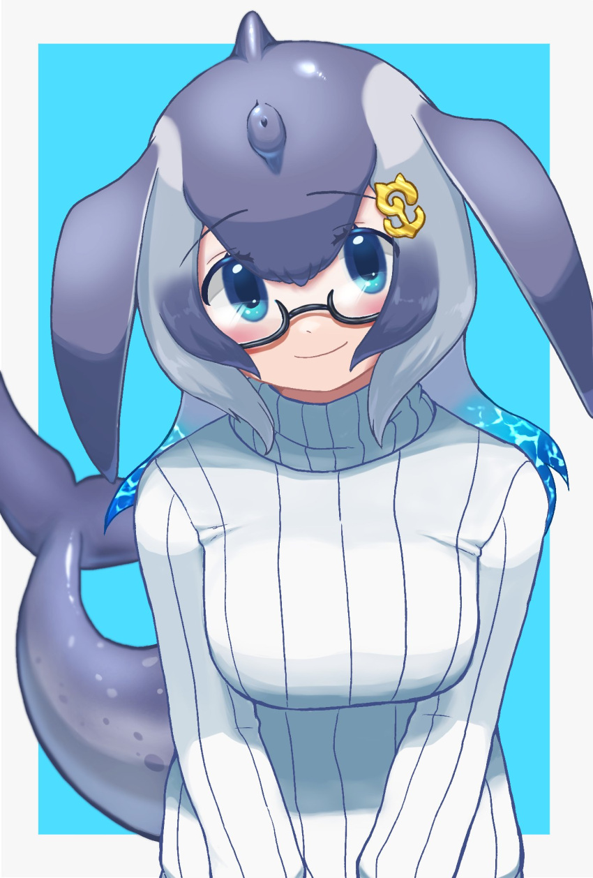 1girl blowhole blue_hair blue_whale_(kemono_friends) blush cetacean_tail commentary_request eko_enaaaa eyebrows_visible_through_hair grey_hair highres kemono_friends long_hair long_sleeves looking_at_viewer multicolored_hair semi-rimless_eyewear smile solo sweater tail turtleneck turtleneck_sweater whale_girl white_hair white_sweater