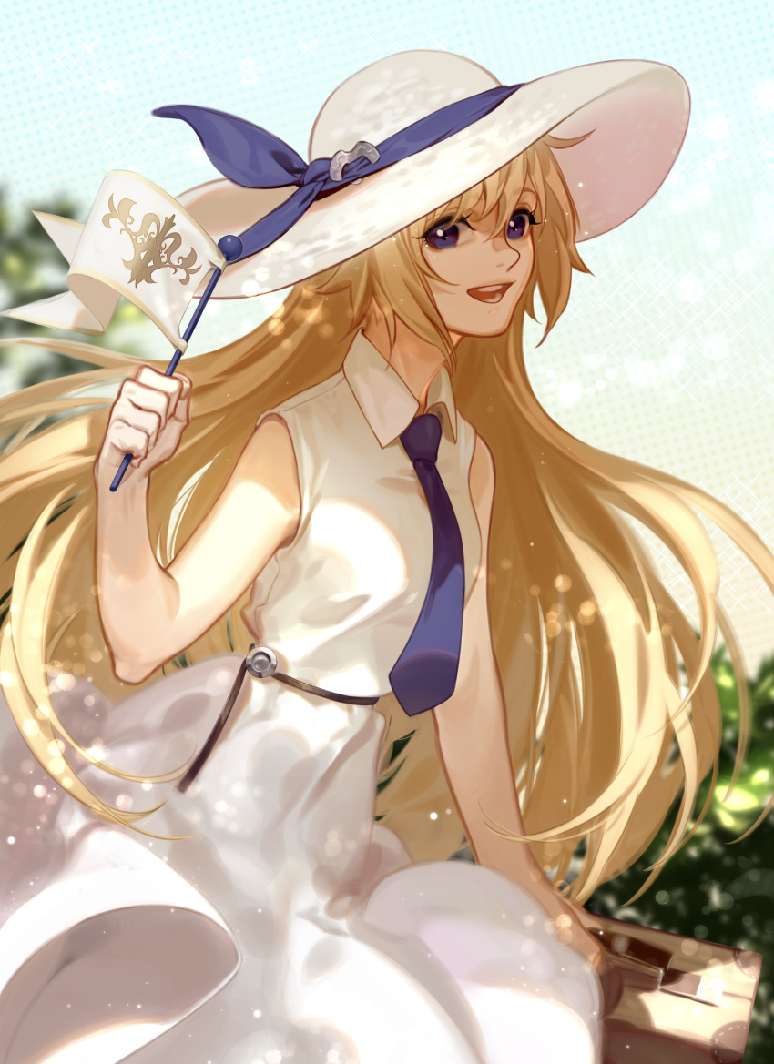 1girl :d bangs bare_arms bare_shoulders blonde_hair blue_eyes blue_necktie blue_ribbon chiizu_namasu commentary_request cowboy_shot dress fate/grand_order fate_(series) flag hair_between_eyes hair_ribbon hand_up hat highres holding holding_flag jeanne_d'arc_(fate) long_hair looking_at_viewer necktie open_mouth ribbon sleeveless sleeveless_dress smile solo sun_hat very_long_hair white_dress white_headwear