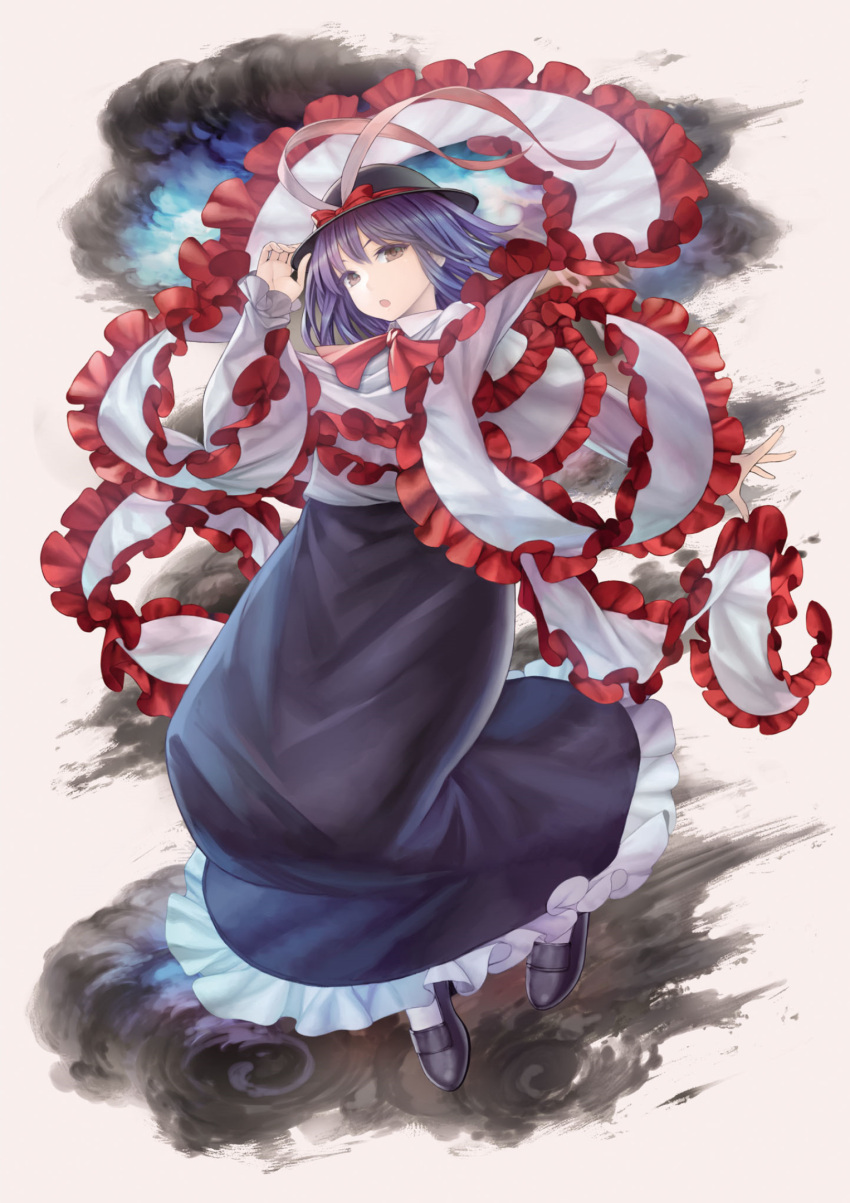 1girl :o adjusting_clothes adjusting_headwear black_footwear black_headwear black_skirt bow bowtie collared_shirt eyebrows_behind_hair frilled_skirt frilled_sleeves frills full_body grey_background hagoromo hand_up hat hat_bow highres long_skirt long_sleeves looking_at_viewer masakichi_(mmw) nagae_iku official_art open_hand open_mouth outstretched_arm purple_hair red_bow red_bowtie shawl shirt shoes short_hair simple_background skirt solo strange_creators_of_outer_world third-party_source touhou v-shaped_eyebrows violet_eyes white_shirt