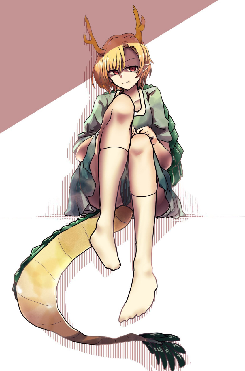 1girl antlers apapo blonde_hair blue_shirt blue_skirt closed_mouth collarbone commentary_request dragon_girl dragon_horns dragon_tail highres horns kicchou_yachie kneehighs looking_at_viewer no_shoes one-hour_drawing_challenge red_eyes shirt short_hair short_sleeves sitting skirt tail touhou turtle_shell white_legwear
