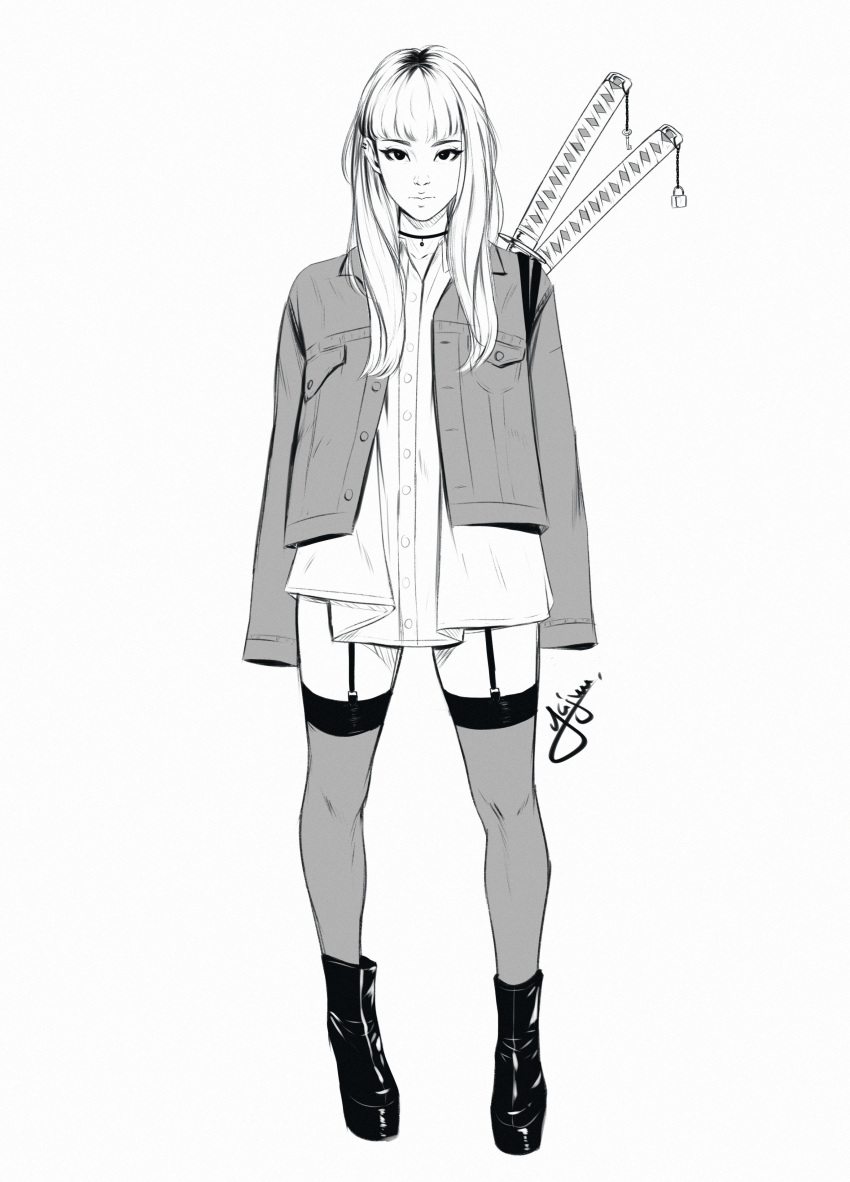 1girl absurdres bangs blunt_bangs blunt_ends boots collared_shirt expressionless garter_straps greyscale highres hime_cut jacket katana looking_at_viewer monochrome multicolored_hair open_clothes open_jacket original oversized_clothes oversized_shirt roots_(hair) see-through_legwear shirt signature simple_background sketch solo sword sword_behind_back thigh-highs two-tone_hair weapon weapon_on_back yajuu_(tristan_maska)