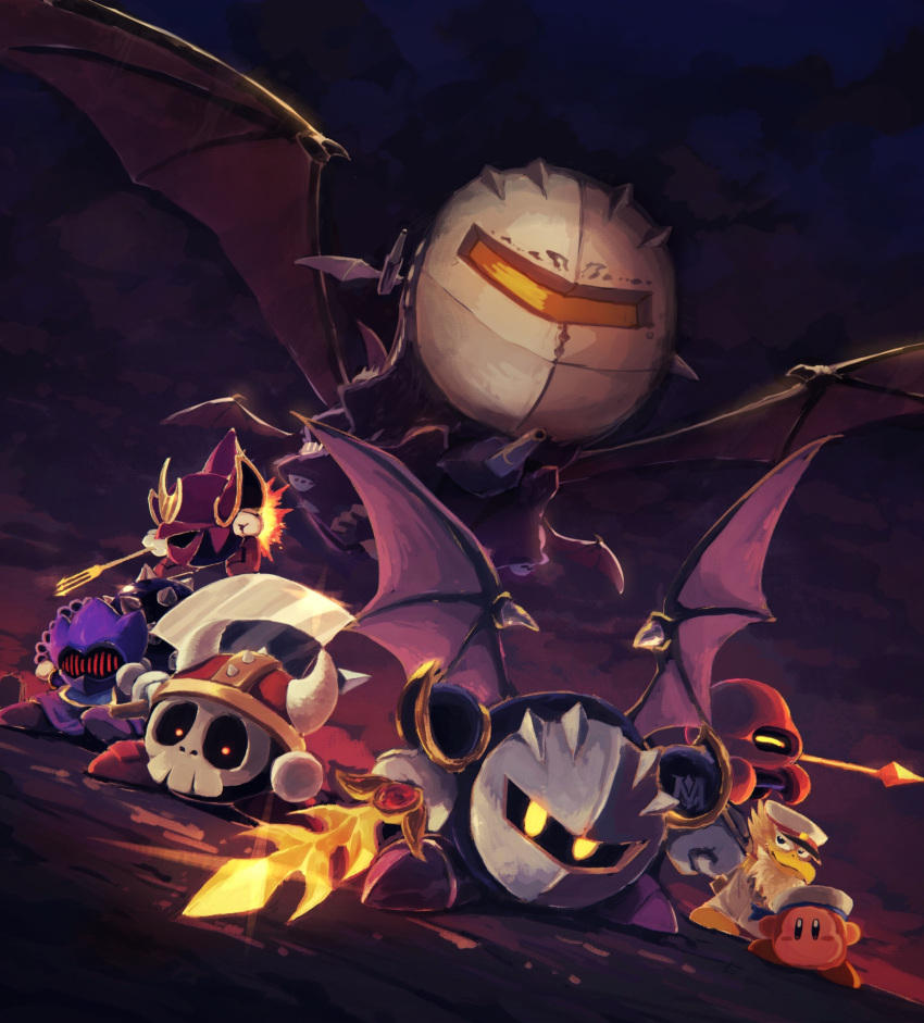 aircraft airship armor axe axe_knight_(kirby) bat_wings captain_vul clouds cloudy_sky dark_sky fake_horns flail galaxia_(sword) halberd_(airship) helmet highres horned_helmet horns javelin_knight kirby_(series) kirby_super_star looking_at_viewer mace_knight mask meta_knight polearm sailor_waddle_dee shoulder_armor skull sky suyasuyabi sword trident trident_knight weapon white_headwear wings