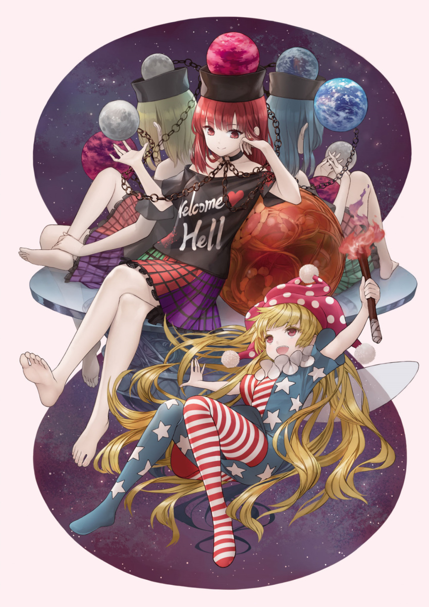 4girls :d american_flag_dress american_flag_legwear barefoot black_choker black_shirt blonde_hair chain choker clothes_writing clownpiece earth_(planet) eyebrows_visible_through_hair fire flame full_body grey_background hat hecatia_lapislazuli hecatia_lapislazuli_(earth) hecatia_lapislazuli_(moon) highres holding holding_torch jester_cap long_hair looking_at_another masakichi_(mmw) moon multicolored_clothes multicolored_skirt multiple_girls official_art open_mouth pink_headwear plaid plaid_skirt planet polos_crown red_eyes shirt short_sleeves simple_background skirt sky smile star_(sky) starry_sky strange_creators_of_outer_world teeth third-party_source torch touhou upper_teeth very_long_hair