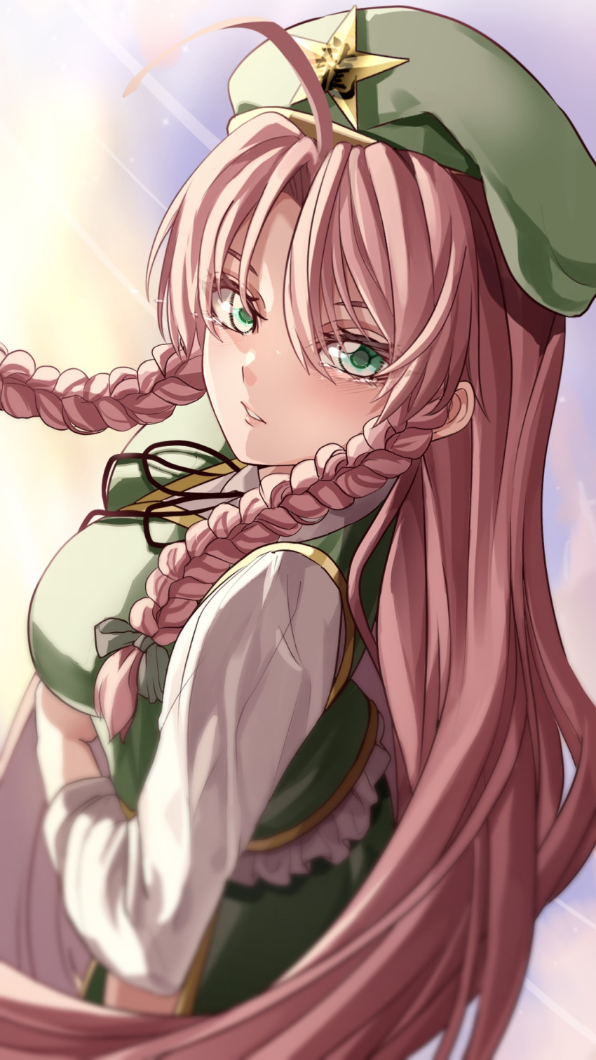 1girl ahoge beret black_ribbon blurry braid breasts brown_hair depth_of_field eyebrows_behind_hair from_side green_eyes green_headwear green_skirt green_vest hat highres hong_meiling large_breasts long_hair long_sleeves looking_at_viewer looking_to_the_side maboroshi_mochi neck_ribbon outdoors ribbon shirt skirt solo star_(symbol) touhou twin_braids very_long_hair vest white_shirt