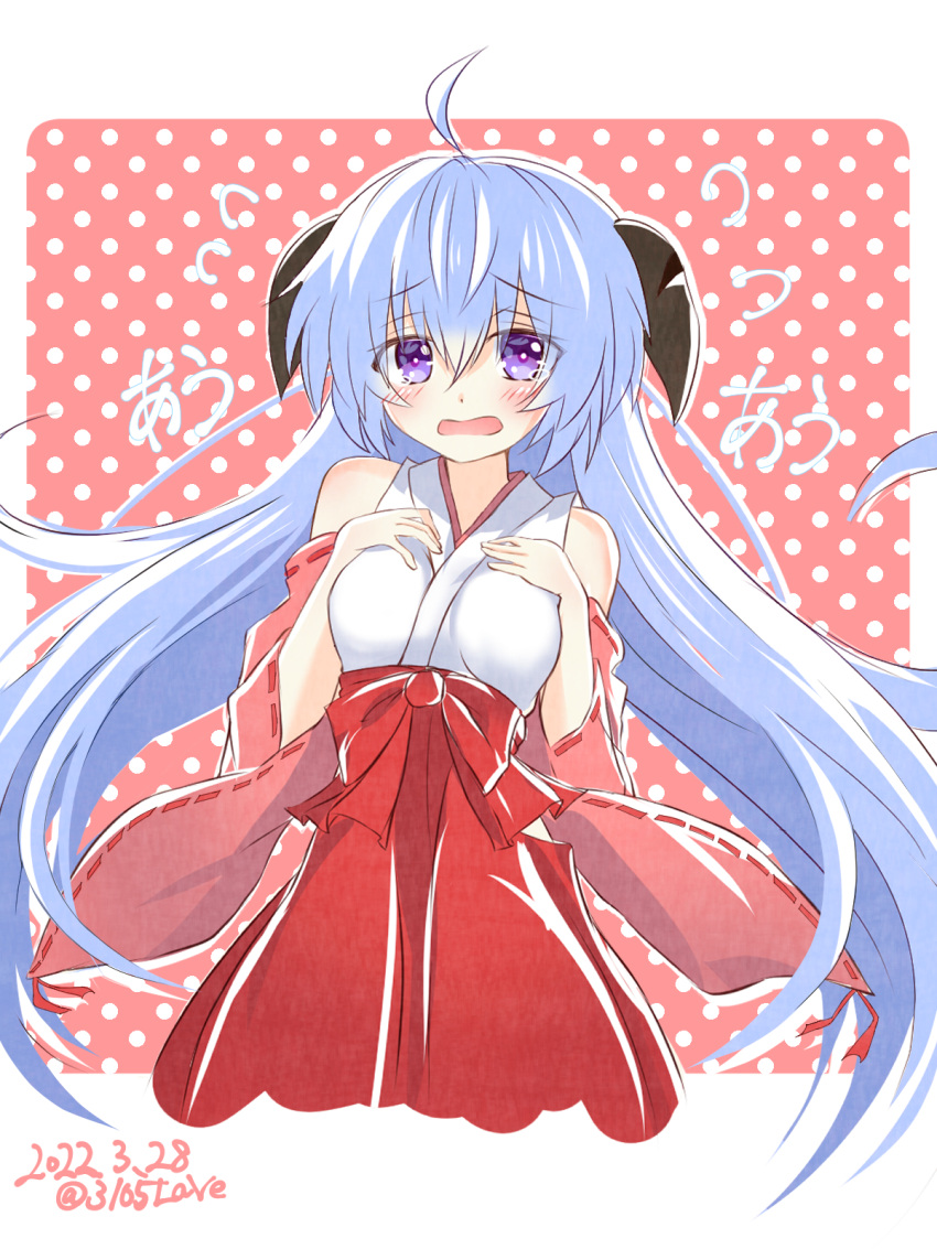 1girl 2022 3105lave ahoge bangs blush breasts cropped_legs dated detached_sleeves eyebrows_visible_through_hair floating_hair hair_between_eyes hanyuu high-waist_skirt highres higurashi_no_naku_koro_ni horns japanese_clothes kimono long_hair long_sleeves looking_at_viewer medium_breasts miko open_mouth pink_sleeves polka_dot polka_dot_background red_skirt ribbon-trimmed_sleeves ribbon_trim silver_hair skirt sleeveless sleeveless_kimono solo twitter_username very_long_hair violet_eyes wavy_mouth white_kimono wide_sleeves