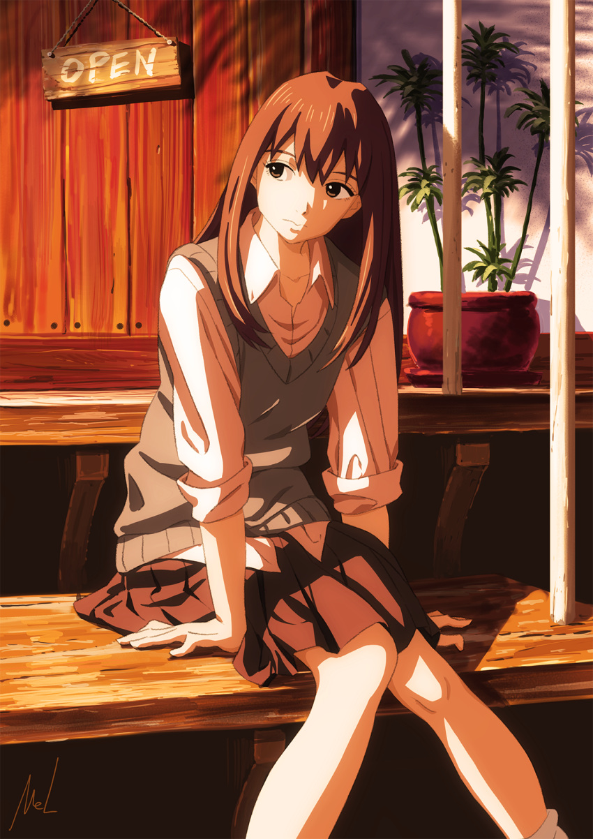1girl brown_hair brown_skirt facing_viewer feet_out_of_frame grey_sweater_vest highres long_hair mac_naut mizuho_(sonny_boy) outdoors plant potted_plant school_uniform shadow sign sitting skirt sleeves_rolled_up solo sonny_boy sweater_vest twilight uniform