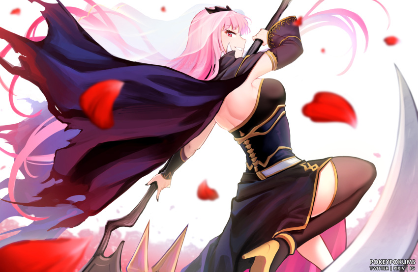 1girl artist_name black_nails breasts cape detached_sleeves from_behind hololive hololive_english large_breasts long_hair mori_calliope petals pink_hair pokey red_eyes scythe single_thighhigh thigh-highs torn_cape torn_clothes veil virtual_youtuber