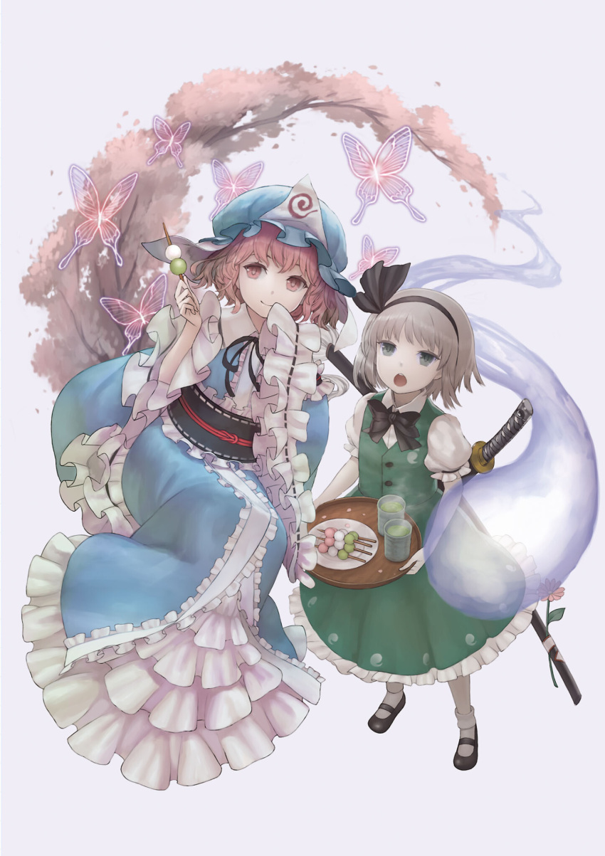 2girls :o black_bow black_bowtie black_footwear black_hairband black_ribbon blue_headwear blue_kimono bobby_socks bow bowtie bug butterfly buttons cherry_blossoms closed_mouth collared_shirt cup dango eyebrows_behind_hair flower food frilled_kimono frilled_skirt frilled_sleeves frills full_body green_eyes green_skirt green_vest grey_background grey_hair hair_ribbon hairband hat highres holding holding_food holding_plate japanese_clothes kimono konpaku_youmu leaf long_sleeves looking_at_viewer mary_janes masakichi_(mmw) mob_cap multiple_girls obi official_art open_mouth pink_eyes pink_flower pink_hair plate puffy_short_sleeves puffy_sleeves ribbon saigyouji_yuyuko sash shirt shoes short_hair short_sleeves simple_background skirt smile socks strange_creators_of_outer_world sword tea teeth third-party_source touhou triangular_headpiece upper_teeth vest wagashi weapon weapon_on_back white_legwear white_shirt wide_sleeves yunomi