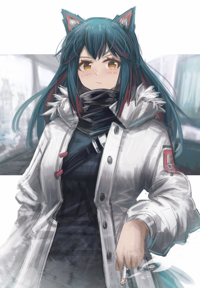 1girl absurdres animal_ears arknights black_hair black_shirt blush buttons cigarette coat colored_inner_hair franlol fur-trimmed_hood fur_trim highres holding holding_cigarette hood hood_down hooded_coat long_hair long_sleeves looking_at_viewer multicolored_hair official_alternate_costume open_clothes open_coat redhead shirt solo streaked_hair texas_(arknights) texas_(winter_messenger)_(arknights) upper_body white_background white_coat winter_clothes winter_coat wolf_ears yellow_eyes