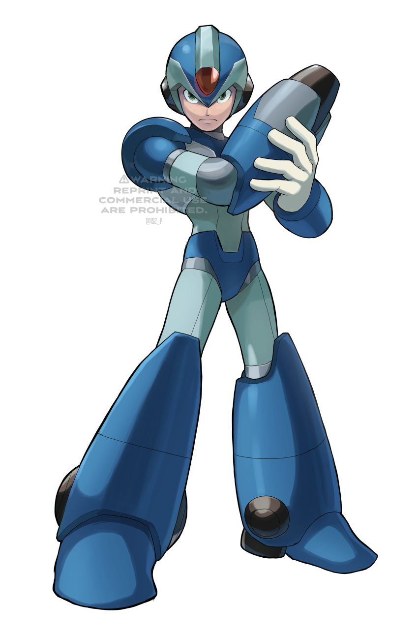 1boy absurdres android arm_cannon blue_armor closed_mouth commentary english_text facing_viewer full_body green_eyes helmet highres legs_apart looking_at_viewer male_focus mega_man_(series) mega_man_x_(character) mega_man_x_(series) robot shadow simple_background solo standing tanaka_(is2_p) weapon white_background