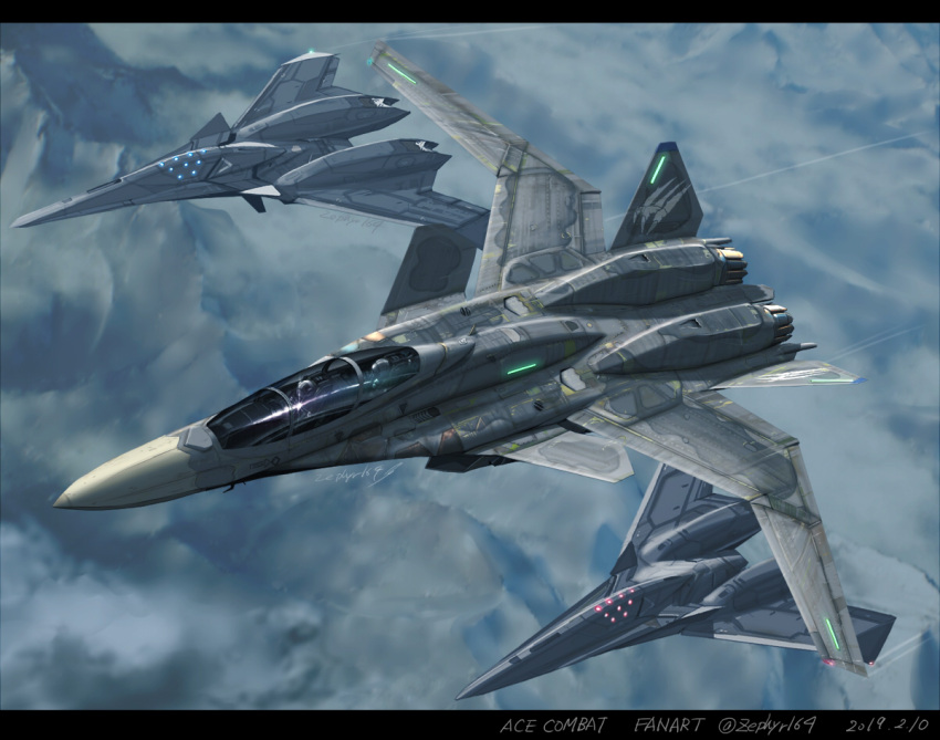 1boy 1other ace_combat ace_combat_7 adf-11f_raven aircraft airplane artist_name canopy_(aircraft) cockpit commentary_request contrail copyright_name emblem fighter_jet flying from_above glowing jet letterboxed military military_vehicle mountain outdoors pilot pilot_helmet pilot_suit signature trigger_(ace_combat) vehicle_focus x-02s_strike_wyvern zephyr164