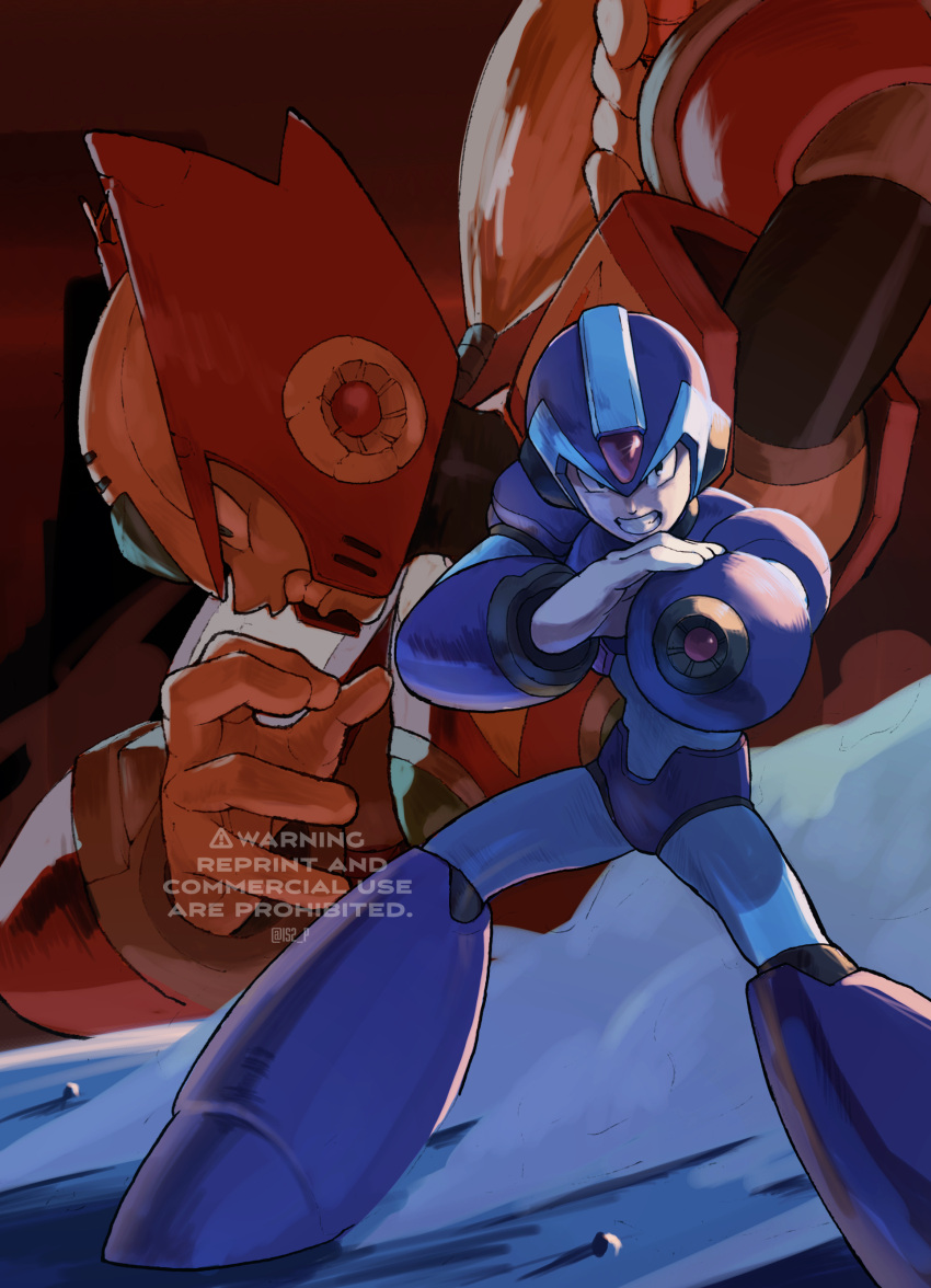2boys absurdres android arm_cannon blue_armor clenched_teeth commentary english_text full_body hand_up helmet highres legs_apart looking_at_viewer male_focus mega_man_(series) mega_man_x_(character) mega_man_x_(series) multiple_boys ponytail red_armor robot serious shaded_face shadow tanaka_(is2_p) teeth weapon zero_(mega_man)