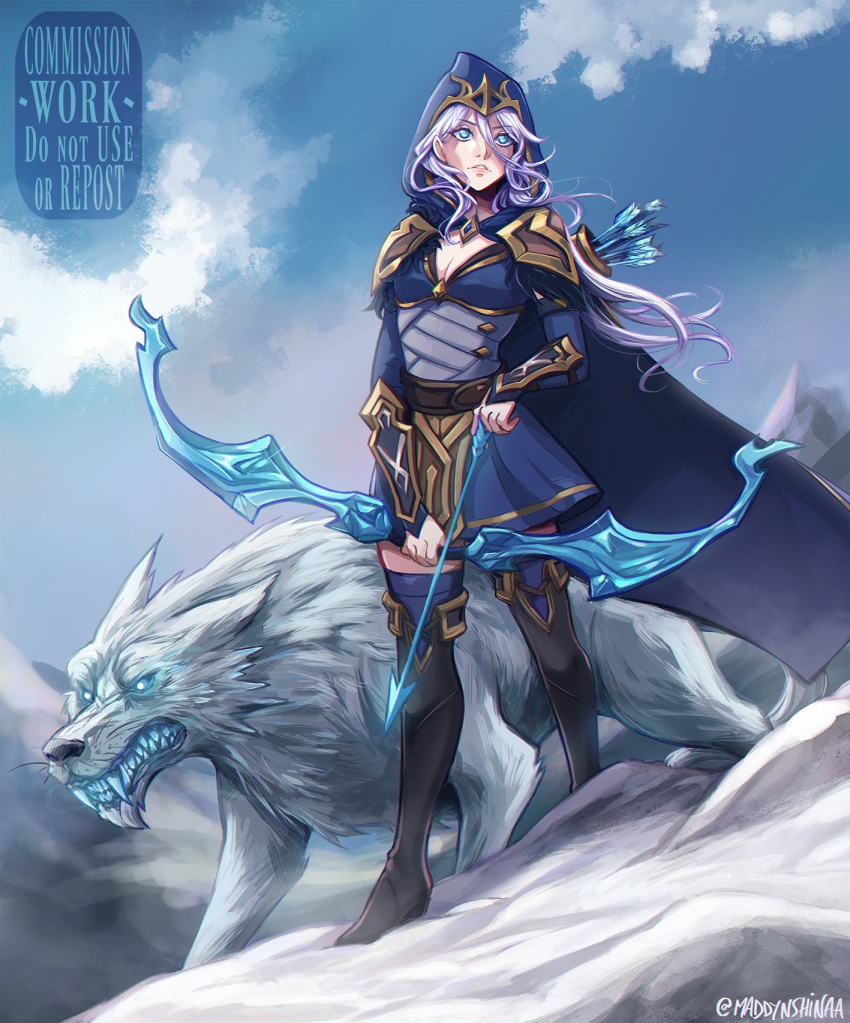 1girl animal armor arrow_(projectile) ashe_(league_of_legends) bangs black_footwear blue_cape blue_skirt boots bow_(weapon) cape clouds day english_text eyebrows_visible_through_hair grey_hair hair_between_eyes high_heels highres hood hood_up league_of_legends long_hair long_sleeves outdoors quiver shinaa_(maddynshinaa) shoulder_armor skirt thigh-highs thigh_boots weapon white_eyes wolf