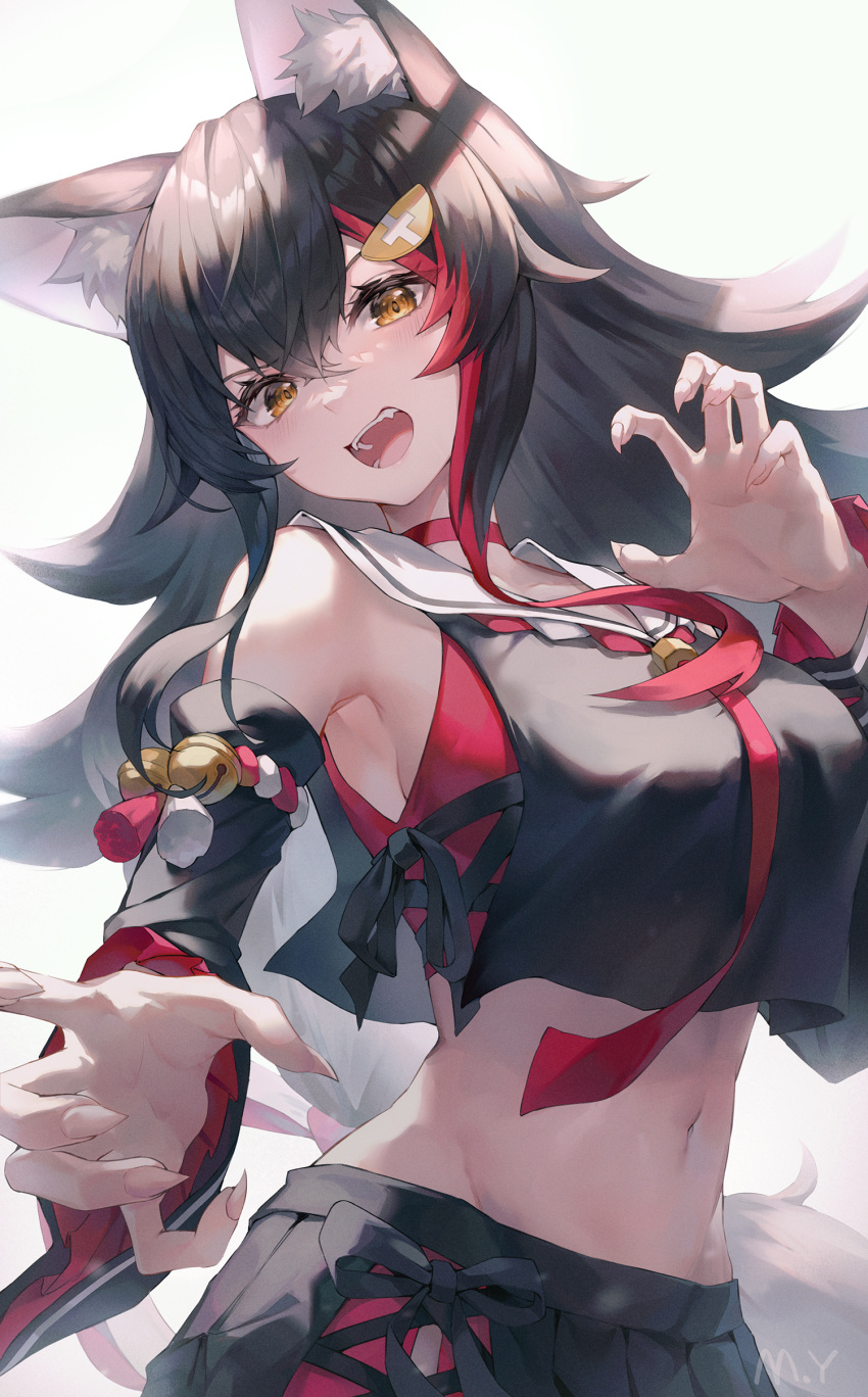 1girl absurdres animal_ear_fluff animal_ears bangs bell black_hair black_shirt black_skirt blush breasts choker claw_pose crop_top detached_sleeves fangs fingernails hair_between_eyes hair_ornament hand_up highres hololive hololive_gamers long_hair looking_at_viewer medium_breasts midriff multicolored_hair myung_yi navel ookami_mio open_mouth pleated_skirt red_choker redhead sailor_collar sharp_fingernails shirt skirt solo stomach streaked_hair tail upper_body v-shaped_eyebrows virtual_youtuber wolf_ears wolf_girl wolf_tail yellow_eyes