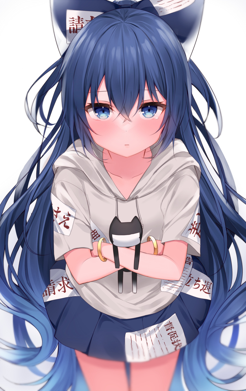 1girl absurdres bangle bangs blue_bow blue_eyes blue_hair blue_skirt blush bow bracelet commentary_request cowboy_shot drawstring eyebrows_visible_through_hair gradient gradient_background grey_background grey_hoodie hair_between_eyes hair_bow highres holding hood hoodie jewelry komomo_(ptkrx) long_hair looking_at_viewer miniskirt short_sleeves skirt solo stuffed_animal stuffed_cat stuffed_toy touhou very_long_hair white_background yorigami_shion
