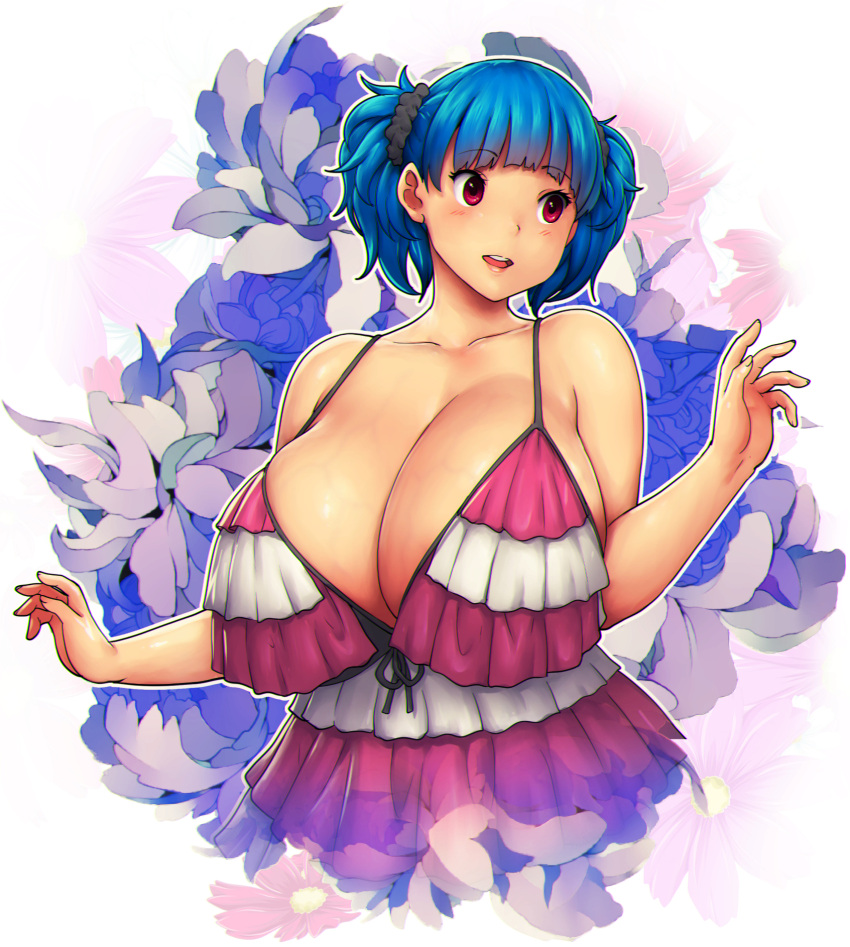 1girl bare_shoulders blue_hair breasts dress english_commentary erkaz floral_print flower highres huge_breasts medium_hair open_hands open_mouth original rina_atherina striped striped_dress upper_body veiny_breasts white_background