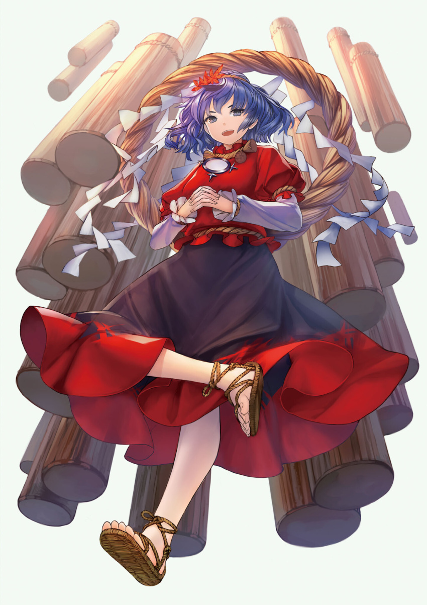 1girl :d black_skirt blue_eyes blue_hair eyebrows_behind_hair full_body grey_background hair_ornament highres interlocked_fingers leaf leaf_hair_ornament long_skirt long_sleeves looking_at_viewer maple_leaf masakichi_(mmw) official_art onbashira open_mouth own_hands_together pillar puffy_short_sleeves puffy_sleeves red_shirt sandals shide shirt short_hair short_sleeves simple_background skirt smile solo strange_creators_of_outer_world teeth third-party_source toenails touhou upper_teeth white_sleeves yasaka_kanako