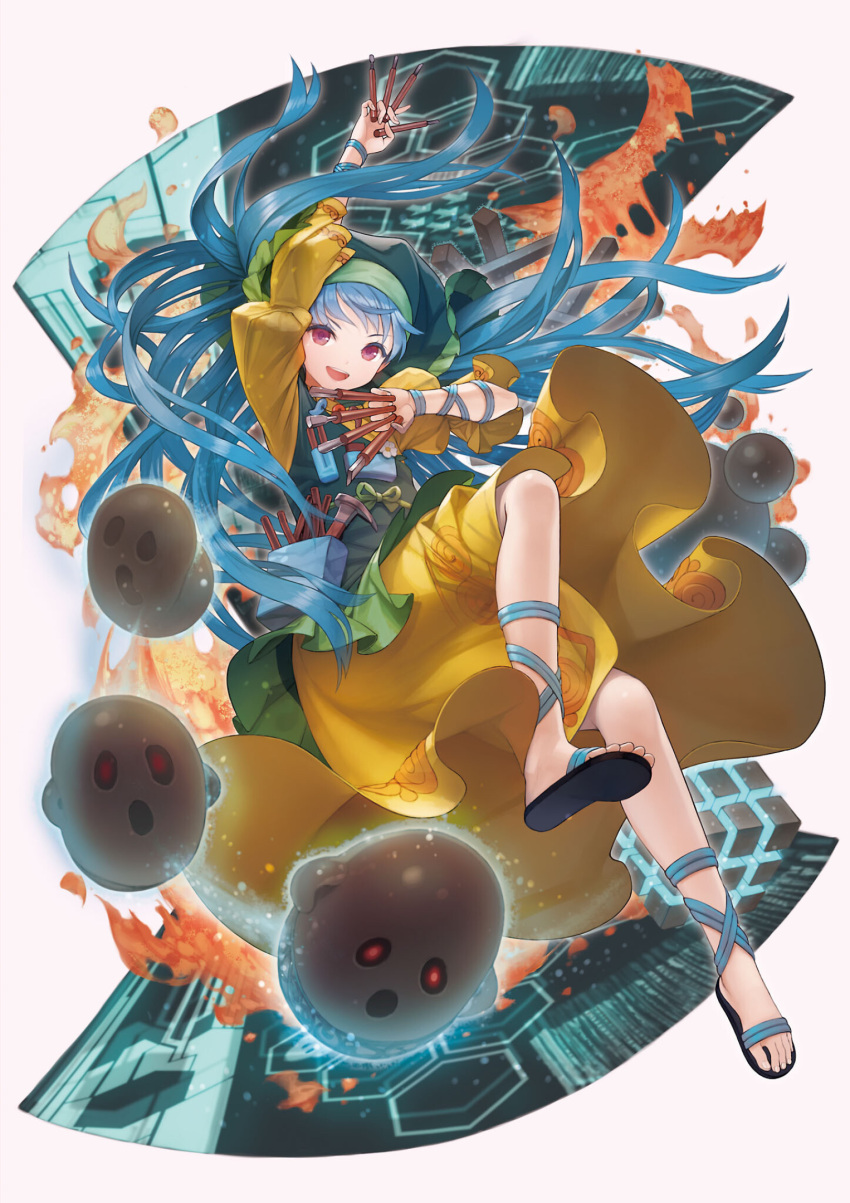 1girl :d apron arm_ribbon arm_up blue_hair blue_ribbon chisel dress floating_hair full_body green_apron grey_background hammer hand_up haniyasushin_keiki highres holding juliet_sleeves long_hair long_sleeves looking_at_viewer masakichi_(mmw) official_art open_mouth puffy_sleeves ribbon sandals simple_background smile solo strange_creators_of_outer_world teeth third-party_source touhou upper_teeth very_long_hair violet_eyes yellow_dress