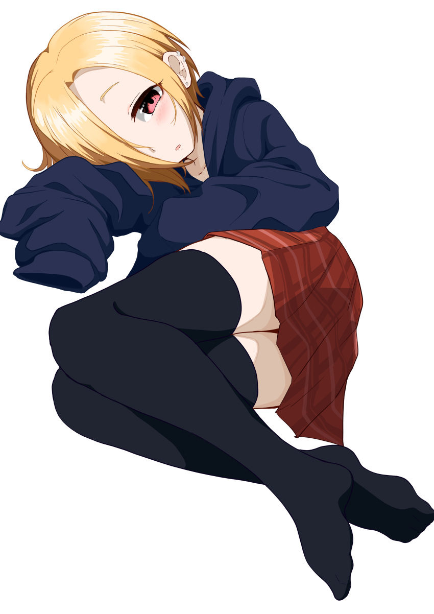 1girl absurdres bishoujo_rikishi black_legwear blonde_hair blush hair_over_one_eye highres hood hood_down hooded_sweater idolmaster idolmaster_cinderella_girls looking_at_viewer lying miniskirt on_side open_mouth plaid plaid_skirt pleated_skirt red_eyes red_skirt shiny shiny_hair shirasaka_koume short_hair simple_background skirt sleeves_past_fingers sleeves_past_wrists solo sweater thigh-highs white_background zettai_ryouiki