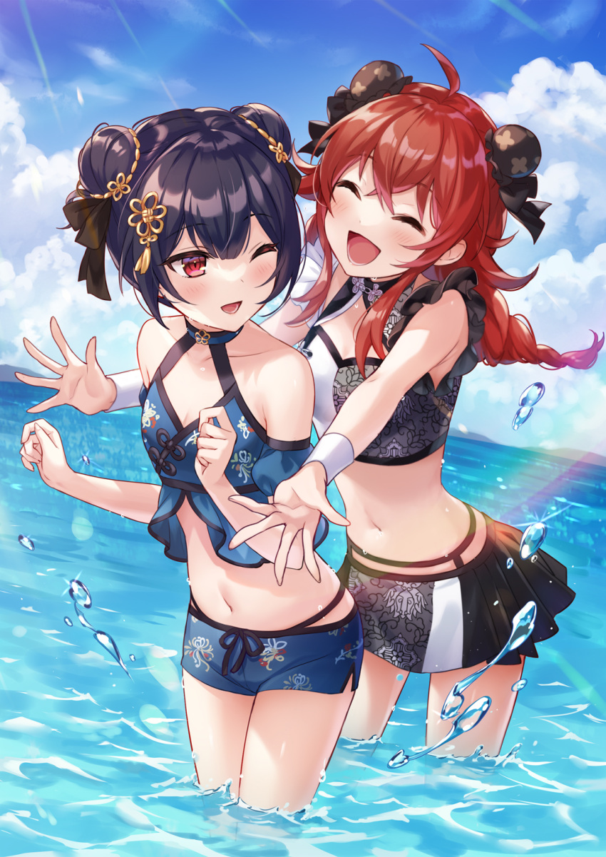 2girls ahoge bangs black_hair black_ribbon black_swimsuit blue_sky blue_swimsuit blush braid breasts bun_cover chinese_clothes choker closed_eyes clouds collarbone commentary_request double_bun eyebrows_visible_through_hair flat_chest frilled_swimsuit frills hair_between_eyes hair_ornament hair_ribbon highres idolmaster idolmaster_shiny_colors iku2727 komiya_kaho long_hair morino_rinze multiple_girls ocean one_eye_closed open_mouth outdoors print_swimsuit red_eyes redhead ribbon short_hair sky small_breasts smile swimsuit swimsuit_skirt thighs water water_drop wristband
