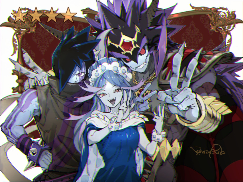 1girl 2boys armor bare_shoulders black_hair black_sclera blue_cape blue_hair body_markings bracelet cape chain chain_necklace character_request chromatic_aberration colored_sclera colored_skin covered_mouth demizu_posuka double_v double_w facial_mark fang fingernails frills fur_trim gem grey_nails grey_skin hair_over_one_eye hand_on_hip highres jewelry long_fingernails long_hair looking_at_viewer multicolored_eyes multicolored_hair multiple_boys muscular muscular_male necklace off_shoulder open_mouth orange_eyes oreca_battle patterned pauldrons pink_eyes polka_dot purple_hair red_eyes sharp_fingernails shoulder_armor signature single_bare_shoulder skin_fang smile spiked_bracelet spikes spiky_hair star_(symbol) streaked_hair teeth tongue transparent v vambraces very_long_fingernails violet_eyes w