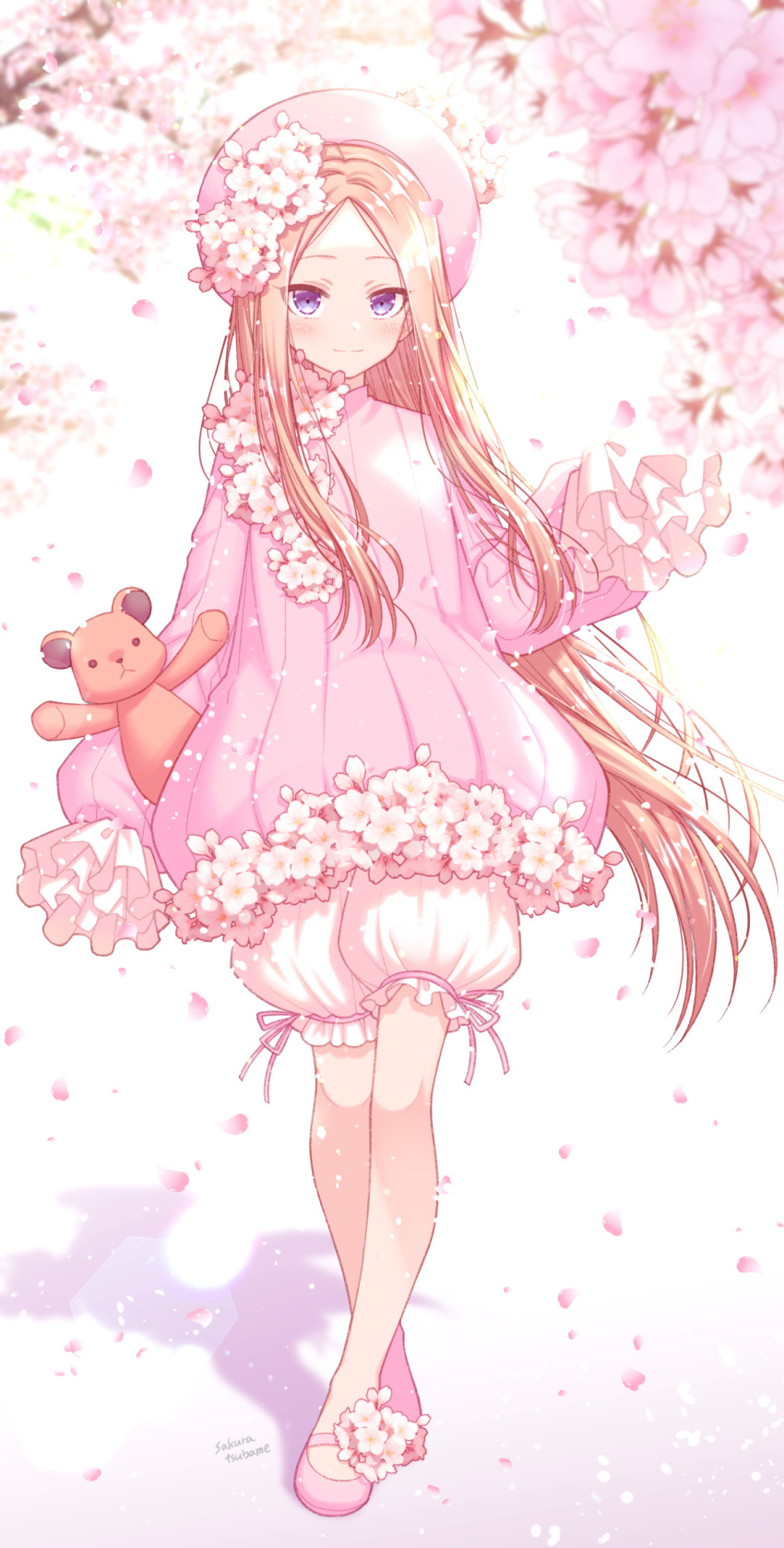 1girl abigail_williams_(fate) bangs blonde_hair bloomers blue_eyes blush breasts dress fate/grand_order fate_(series) flower forehead full_body hat highres long_hair long_sleeves looking_at_viewer parted_bangs petals pink_dress pink_headwear ribbed_dress sakura_tsubame sleeves_past_fingers sleeves_past_wrists small_breasts smile stuffed_animal stuffed_toy teddy_bear underwear white_bloomers