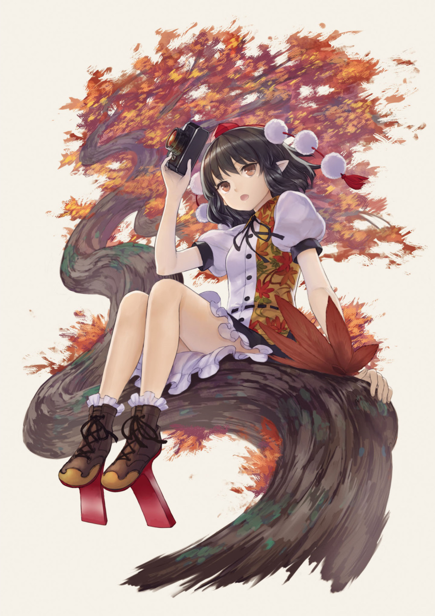 1girl :o autumn_leaves black_hair black_ribbon black_skirt brown_eyes brown_footwear buttons camera cross-laced_footwear frilled_skirt frills full_body geta grey_background hand_up hat hauchiwa highres holding holding_camera leaf looking_at_viewer masakichi_(mmw) neck_ribbon official_art open_mouth pointy_ears pom_pom_(clothes) puffy_short_sleeves puffy_sleeves red_headwear ribbon shameimaru_aya shirt short_hair short_sleeves simple_background sitting skirt solo strange_creators_of_outer_world tengu-geta third-party_source tokin_hat touhou tree white_shirt