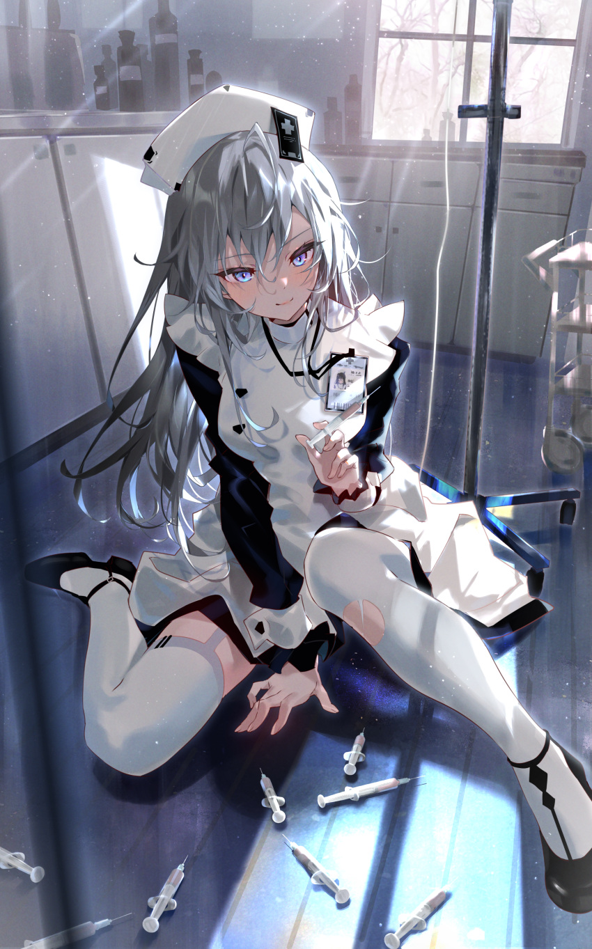 1girl absurdres arm_support arutera backlighting banned_artist blue_eyes blush commentary dress english_commentary garter_straps grey_hair hat highres holding holding_syringe iv_stand looking_at_viewer name_tag nurse nurse_cap original pinafore_dress silver_hair smile solo syringe thigh-highs torn_clothes torn_legwear white_legwear window