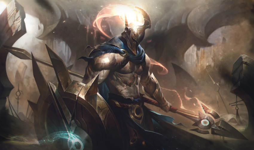 2boys aatrox abs absurdres alex_flores arm_tattoo belt cape clenched_hand fire gauntlets giant glowing glowing_weapon helmet highres horns league_of_legends loincloth looking_at_viewer looking_to_the_side multiple_boys muscular muscular_male official_art pantheon_(league_of_legends) pectorals polearm red_eyes sand scar scar_on_chest scar_on_stomach shield skirt spear tattoo thick_arms underpec weapon