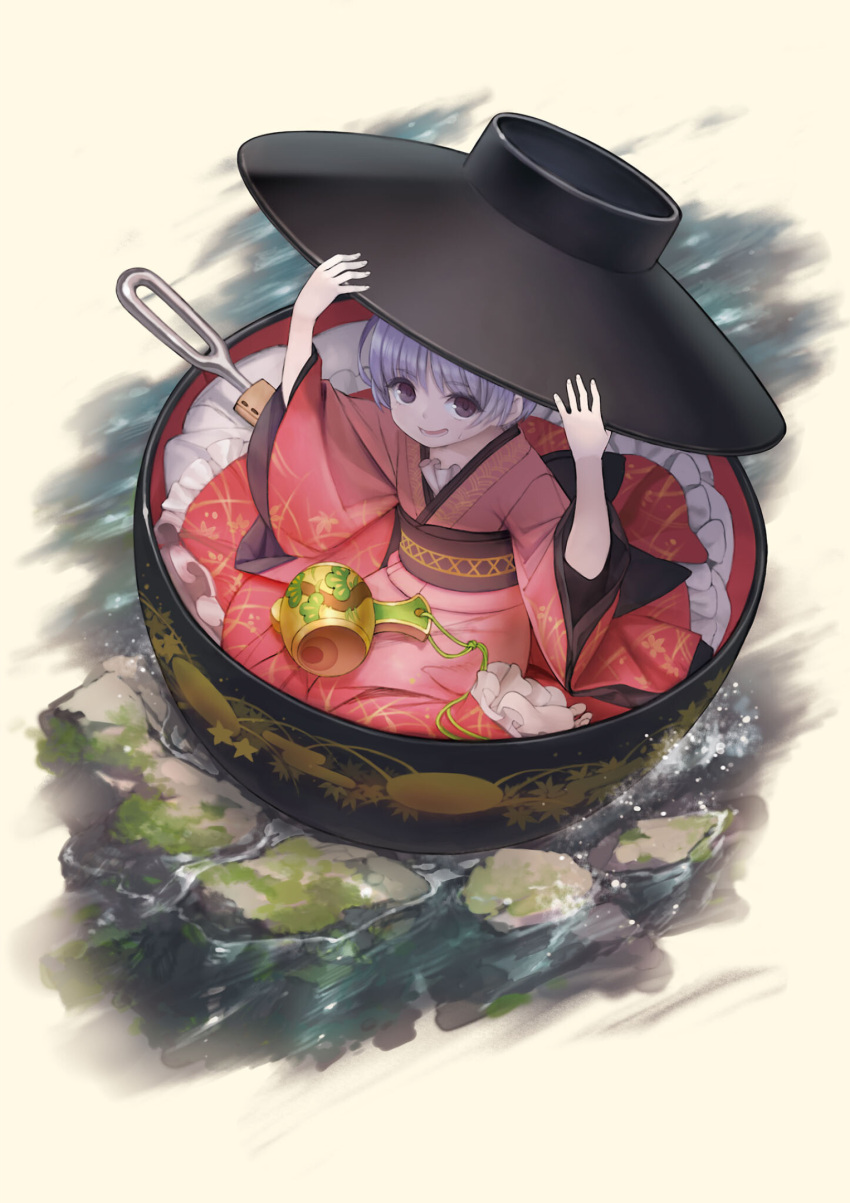 1girl :d adjusting_clothes adjusting_headwear bowl bowl_hat eyebrows_visible_through_hair full_body grey_background hat highres japanese_clothes kimono long_sleeves looking_at_viewer lower_teeth masakichi_(mmw) minigirl miracle_mallet needle obi official_art open_mouth pink_kimono purple_hair rock sash short_hair simple_background smile solo strange_creators_of_outer_world sukuna_shinmyoumaru teeth third-party_source touhou violet_eyes water wide_sleeves