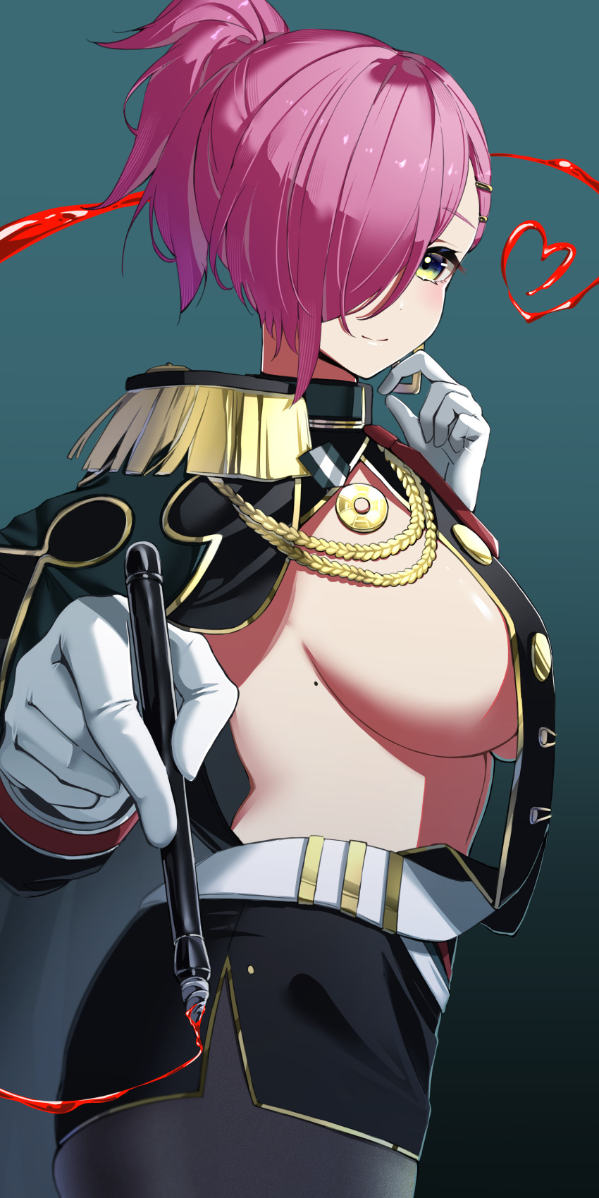 1girl absurdres aiguillette aqua_background azur_lane bangs black_cape black_jacket black_legwear black_skirt blush breasts cape closed_mouth commentary cowboy_shot epaulettes eyebrows_visible_through_hair from_side gloves green_eyes hair_between_eyes hair_ornament hair_over_one_eye hairclip hand_up heart highres holding holding_pen ink jacket large_breasts long_hair long_sleeves looking_at_viewer marumai medal military military_uniform miniskirt mole mole_on_body neckerchief pantyhose pen pencil_skirt ponytail purple_hair red_neckerchief sideboob sidelocks skirt smile solo standing stomach trieste_(azur_lane) uniform white_gloves
