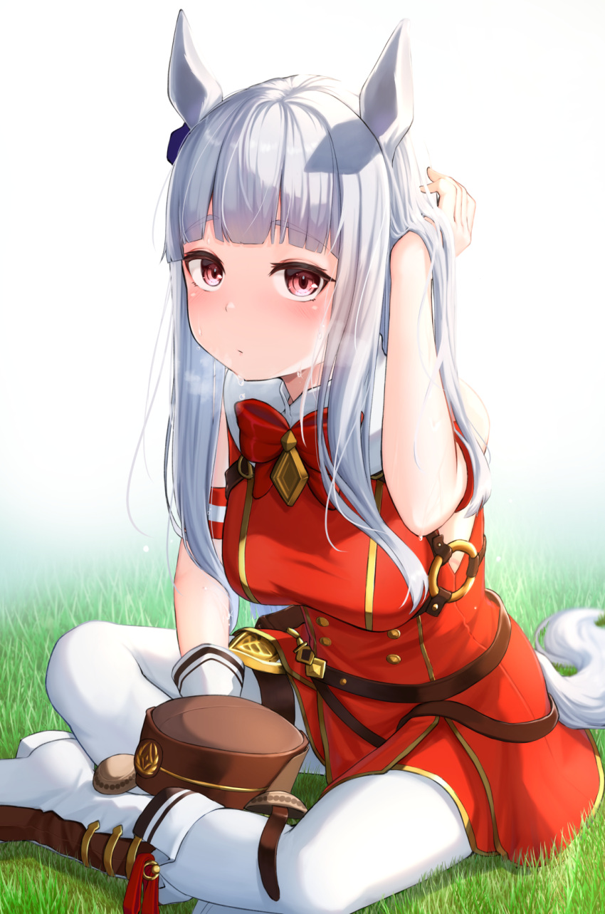 1girl animal_ears bangs bare_shoulders boots bow bowtie breasts full_body gloves gold_ship_(umamusume) grass hair_bow high_heel_boots high_heels highres hirotsuki horse_ears horse_girl horse_tail long_hair looking_at_viewer no_hat no_headwear on_floor pants purple_hair red_bow red_bowtie red_shirt shirt simple_background sitting sleeveless sleeveless_shirt solo sweat tail umamusume violet_eyes white_background white_footwear white_gloves white_pants