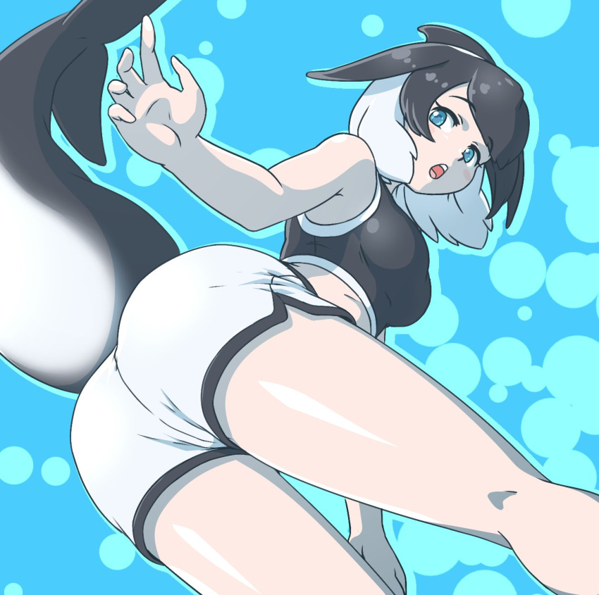 1girl acesrulez alternate_costume bare_shoulders black_hair black_shirt blue_eyes casual cetacean_tail commentary_request crop_top dolphin_shorts eyebrows_visible_through_hair highres kemono_friends midriff multicolored_hair orca_(kemono_friends) orca_girl shirt short_hair short_shorts shorts sleeveless solo sports_bra tail two-tone_hair white_hair white_shorts