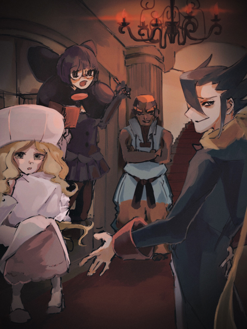 2boys 2girls bangs black_legwear blonde_hair blunt_bangs book buttons caitlin_(pokemon) carpet chandelier crossed_arms dark-skinned_male dark_skin dougi dress from_behind full_body green_eyes grimsley_(pokemon) hat highres holding holding_book holding_pen holding_pillow long_hair long_sleeves looking_at_viewer marshal_(pokemon) minamoto1209 multiple_boys multiple_girls open_mouth orange_hair outstretched_arm pantyhose pen pillar pillow pink_dress pink_footwear pleated_skirt pokemon pokemon_(game) pokemon_bw purple_hair purple_vest scarf shauntal_(pokemon) short_hair sitting skirt sleeve_cuffs sleeveless slippers stairs standing tareme thick_eyebrows tsurime uniform very_long_hair vest violet_eyes white_headwear yellow_scarf