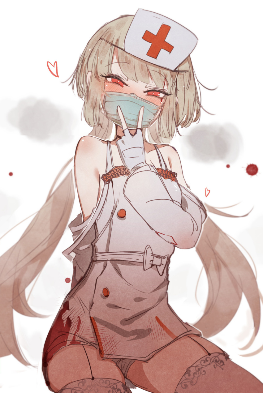 1girl at2. blood blood_on_clothes blood_on_face brown_hair fingerless_gloves garter_straps gloves hat highres long_hair mask mouth_mask nurse nurse_cap original red_eyes solo thigh-highs twintails v_over_mouth white_gloves white_legwear