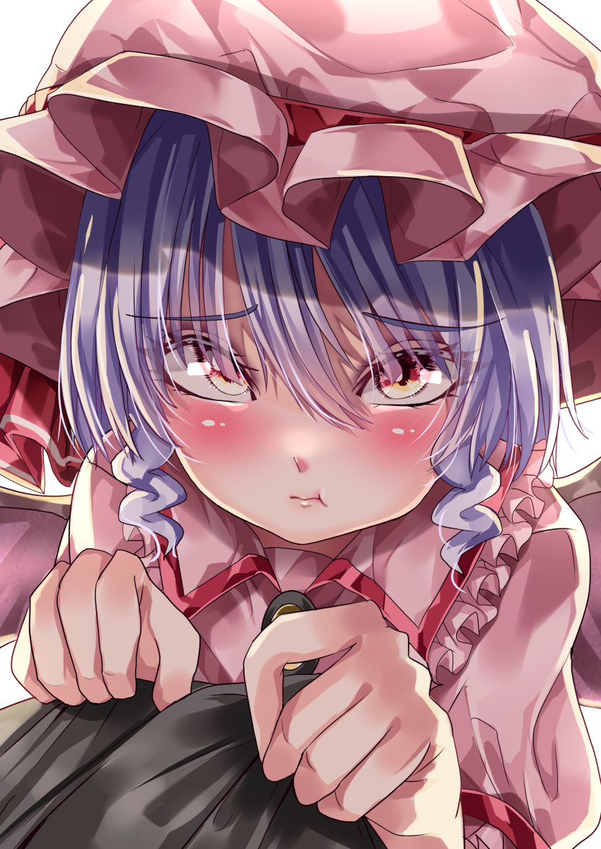 1girl absurdres bat_wings blue_hair blush brooch closed_mouth collared_shirt eyebrows_visible_through_hair frilled_shirt_collar frills from_above hair_between_eyes hat hat_ribbon highres jewelry looking_at_viewer looking_up maboroshi_mochi mob_cap pink_headwear puffy_short_sleeves puffy_sleeves red_eyes red_ribbon remilia_scarlet ribbon shirt short_sleeves touhou upper_body wings yellow_brooch